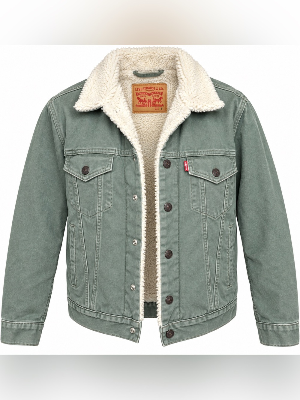Levis Thyme Sage Green Canvas Sherpa Trucker Jacket Unisex Oversized Workwear